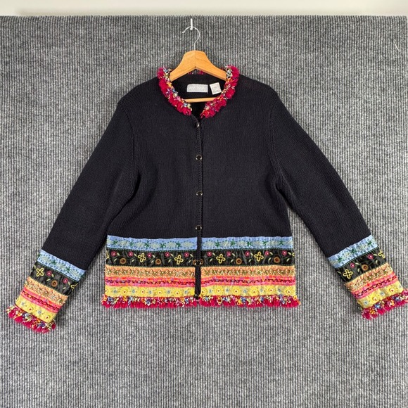 Ann Trinity Womens L Black Cardigan Sweater Boho‎ Embroidered Fringe Whimsigoth - Picture 5 of 11